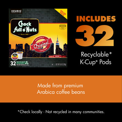 Enjoy a box of 32 Chock full o’Nuts Heavenly Original Medium Roast K-Cup® Pods, made from premium Arabica beans and labeled as recyclable. Note: Recycling not available in all areas.