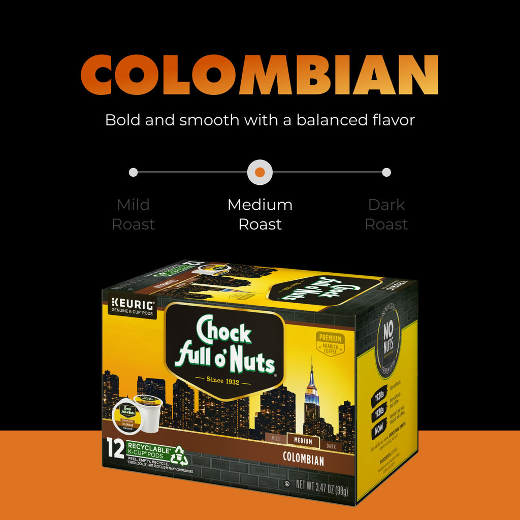 Chock full o’Nuts Colombian - K-Cup® Pods, Medium Roast, described as bold and smooth with balanced flavor, are featured on an orange and black background.
