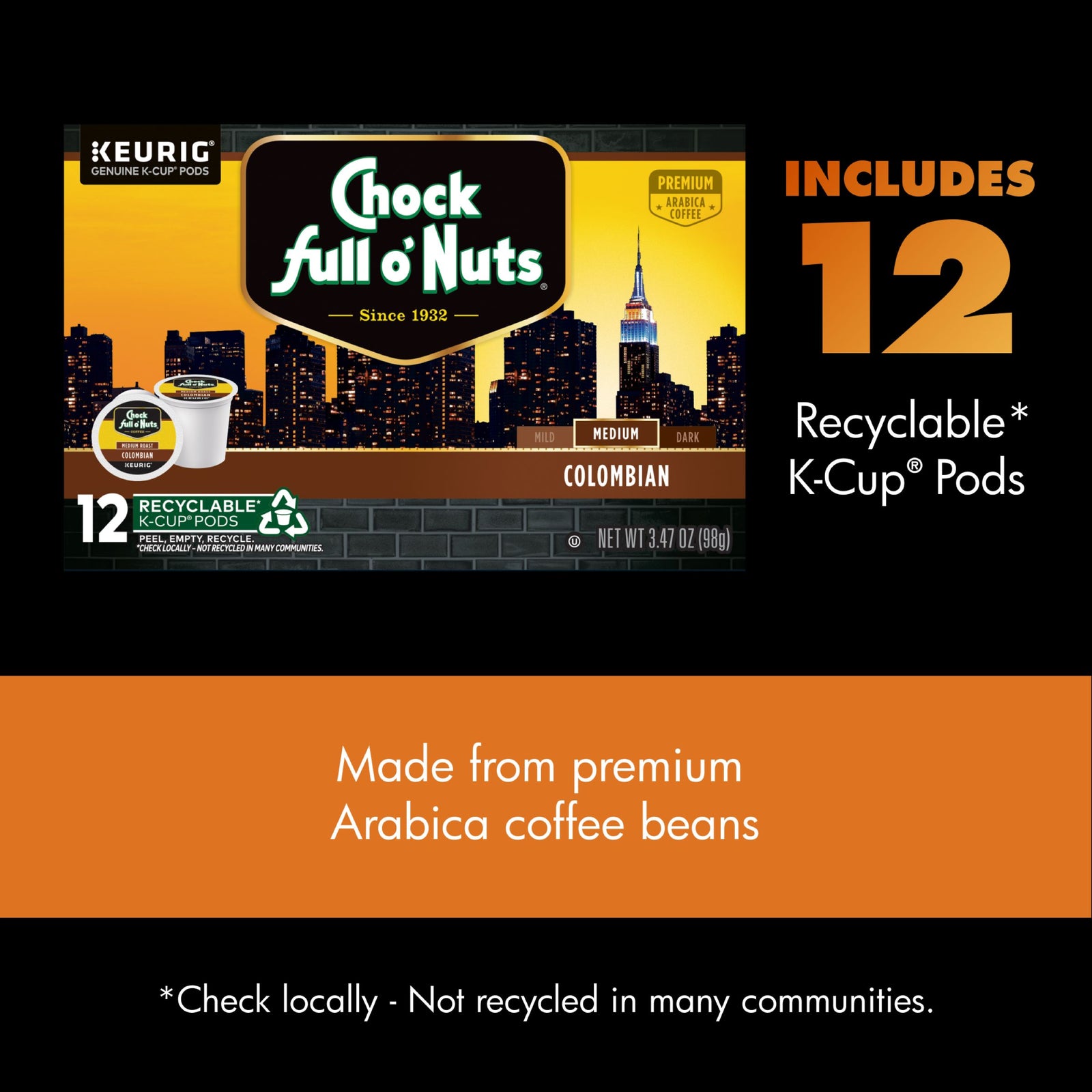 Chock full o’Nuts Colombian Medium Roast K-Cup® Pods—box with 12 recyclable pods made from premium Arabica beans for a rich, smooth taste.