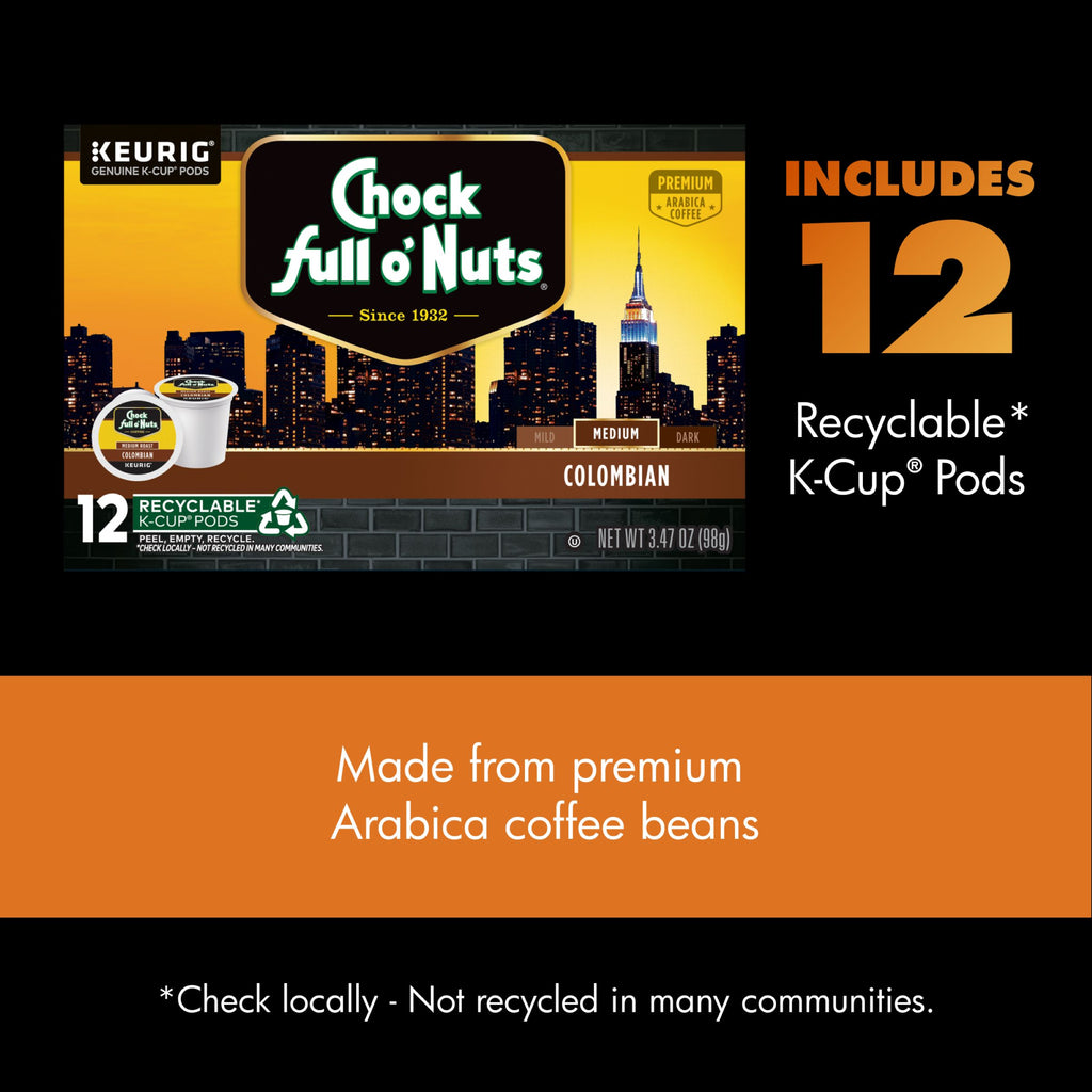 Chock full o’Nuts Colombian Medium Roast K-Cup® Pods—box with 12 recyclable pods made from premium Arabica beans for a rich, smooth taste.