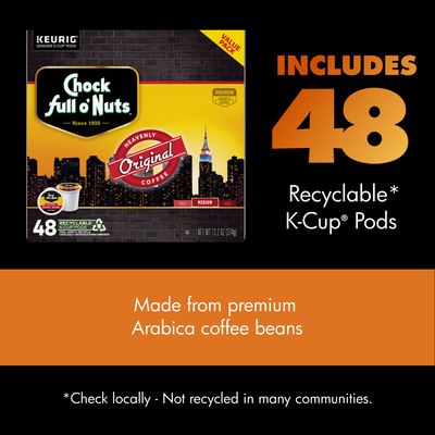 Box of 48 Chock full o’Nuts Heavenly Original Medium Roast K-Cup Pods; made with premium Arabica beans and recyclable pods.