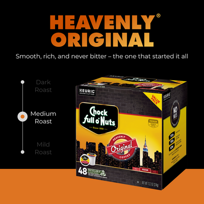 Chock full o'Nuts Heavenly Original Medium Roast K-Cup® Pods box (48 count), labeled smooth, rich, never bitter, shown on a black background.