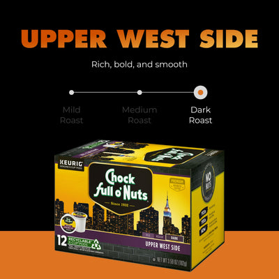 A box of Chock full o’Nuts Upper West Side Dark Roast K-Cup® Pods is displayed on a black and orange background, emphasizing its bold, smooth flavor made with premium Arabica coffee and recyclable packaging.
