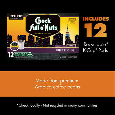 Chock full o'Nuts Upper West Side K-Cup® Pods, Dark Roast, 12-count box. Savor premium Arabica coffee in recyclable pods.