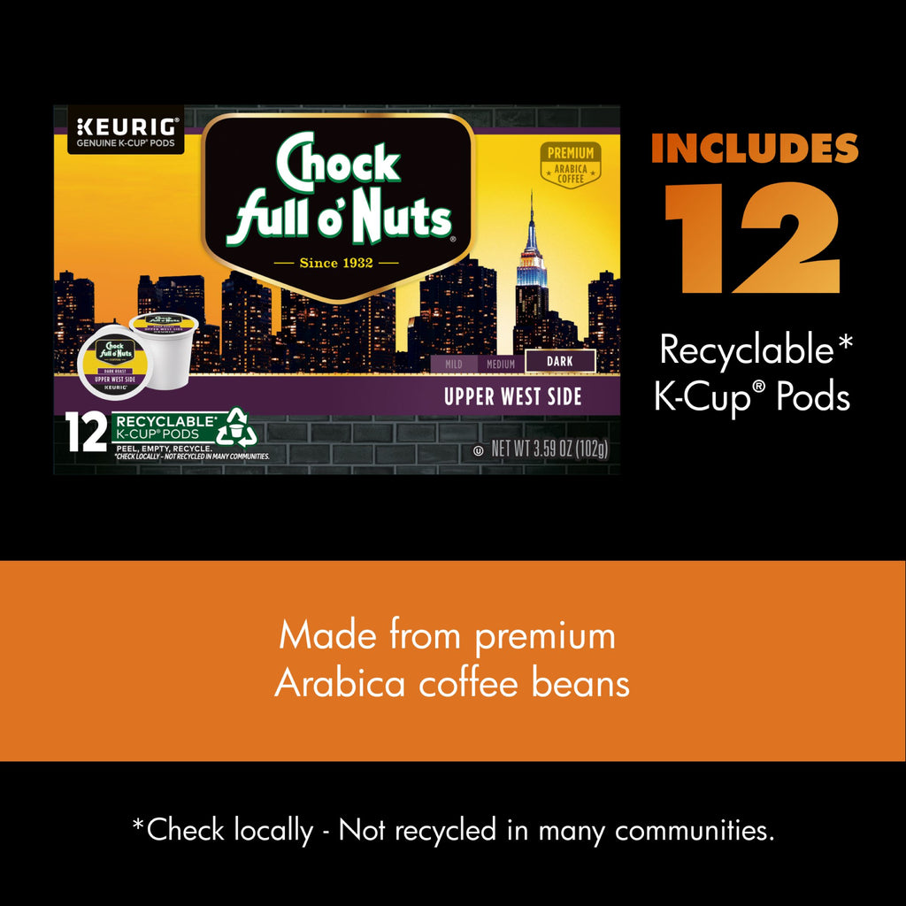 Chock full o’Nuts Upper West Side K-Cup® Pods, Dark Roast, made with premium Arabica beans, come in a box of 12 recyclable pods and feature a New York skyline design.