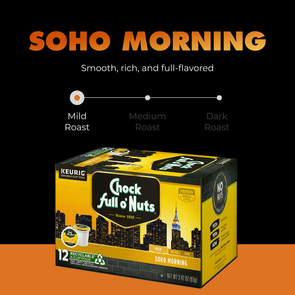 A box of Chock full o’Nuts Soho Morning K-Cup® Pods, mild roast, features premium Arabica coffee and the tagline “Smooth, rich, and full-flavored” on a striking black and orange package.