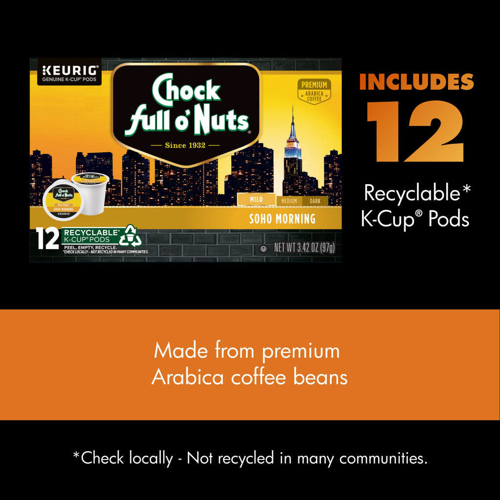 Chock full o’Nuts Soho Morning Mild Roast K-Cup® Pods: 12 recyclable pods made with premium Arabica coffee. Recycling availability may vary by location.