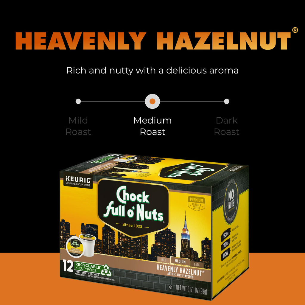 Chock full o’Nuts Heavenly Hazelnut Medium Roast K-Cup® Pods are made with premium Arabica beans and deliver rich, nutty flavor. Featuring a New York City skyline design, these recyclable pods are Keurig compatible.