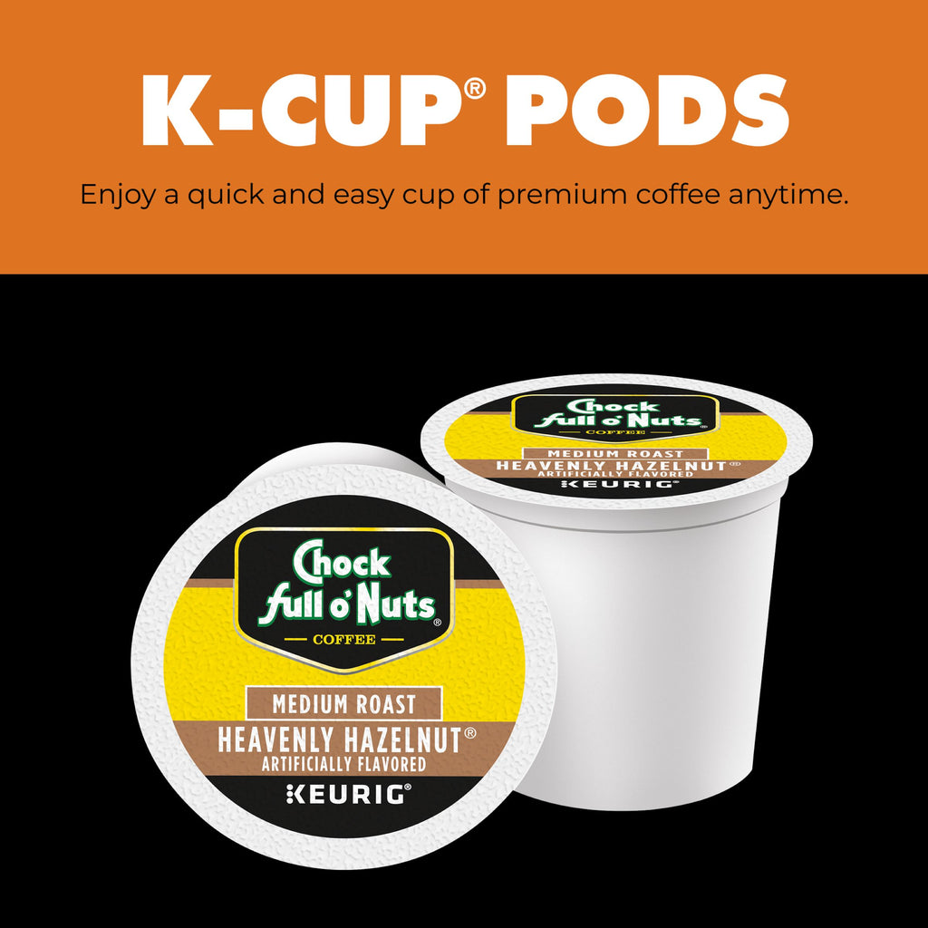 Two Chock full o’Nuts Heavenly Hazelnut - K-Cup® Pods - Medium Roast are shown on a black background with bold orange and white text highlighting their convenient, rich Arabica coffee flavor.
