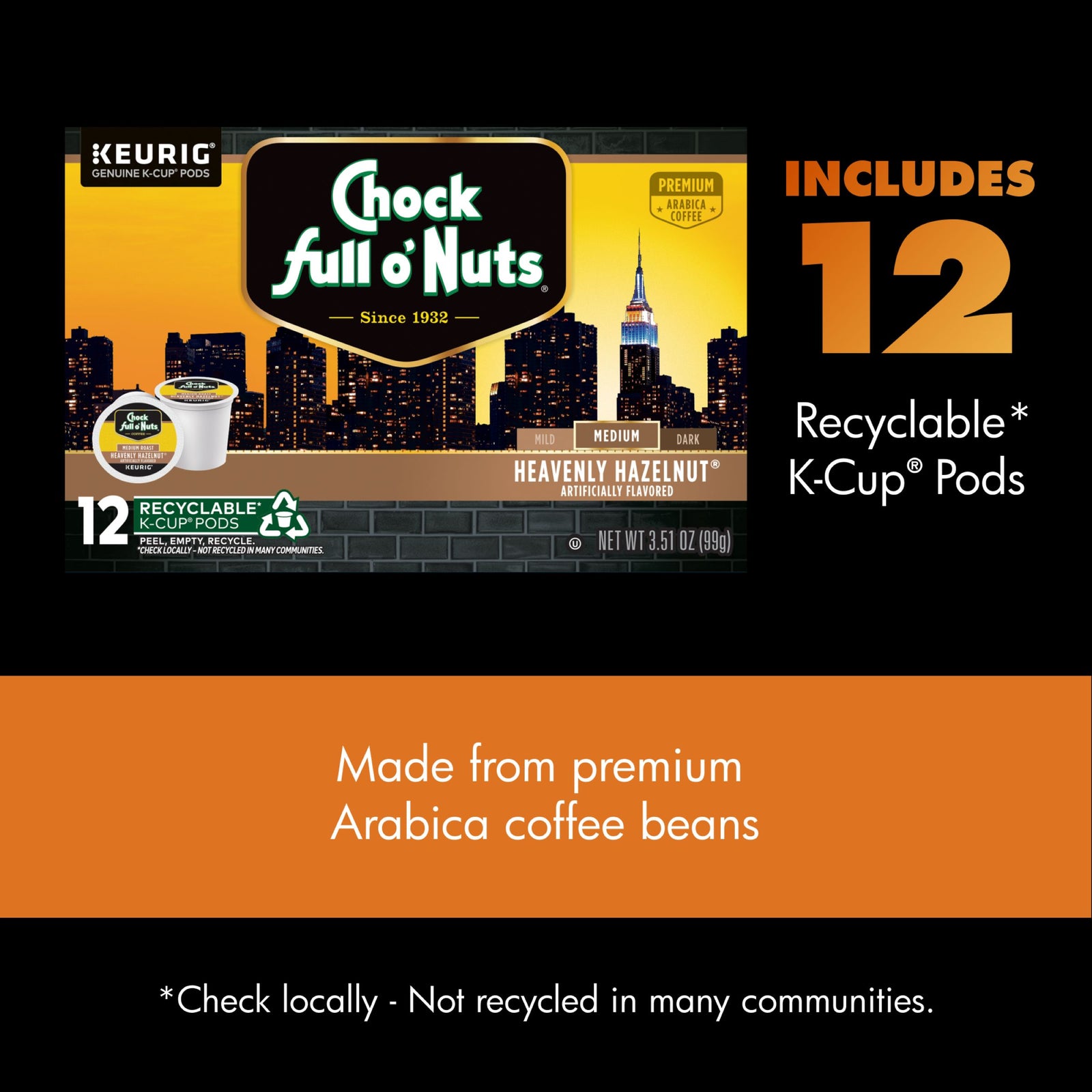 Chock full o’Nuts Heavenly Hazelnut Medium Roast K-Cup® Pods, 12 count, made with premium Arabica beans and recyclable in some communities.