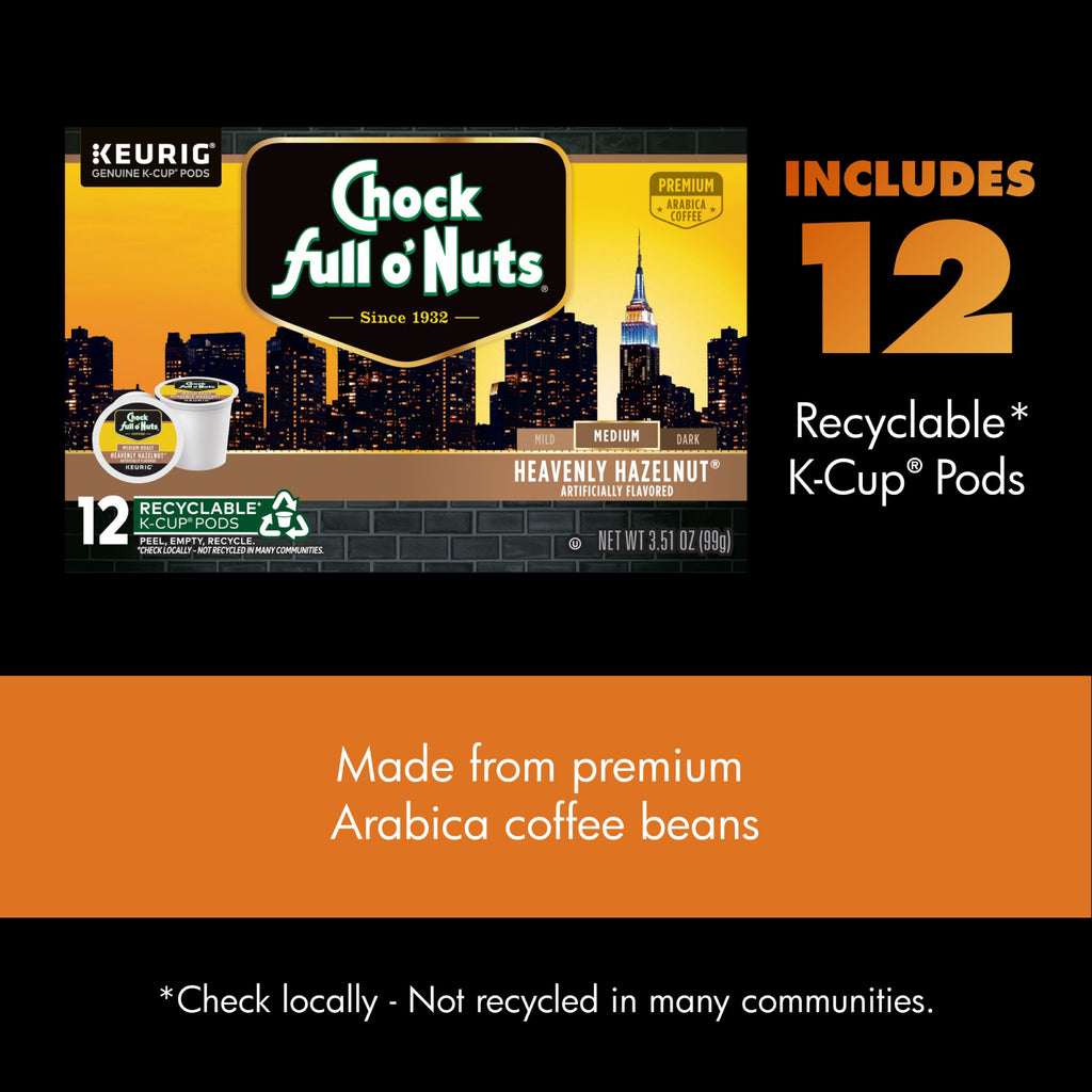 Chock full o’Nuts Heavenly Hazelnut Medium Roast K-Cup® Pods, 12 count, made with premium Arabica beans and recyclable in some communities.