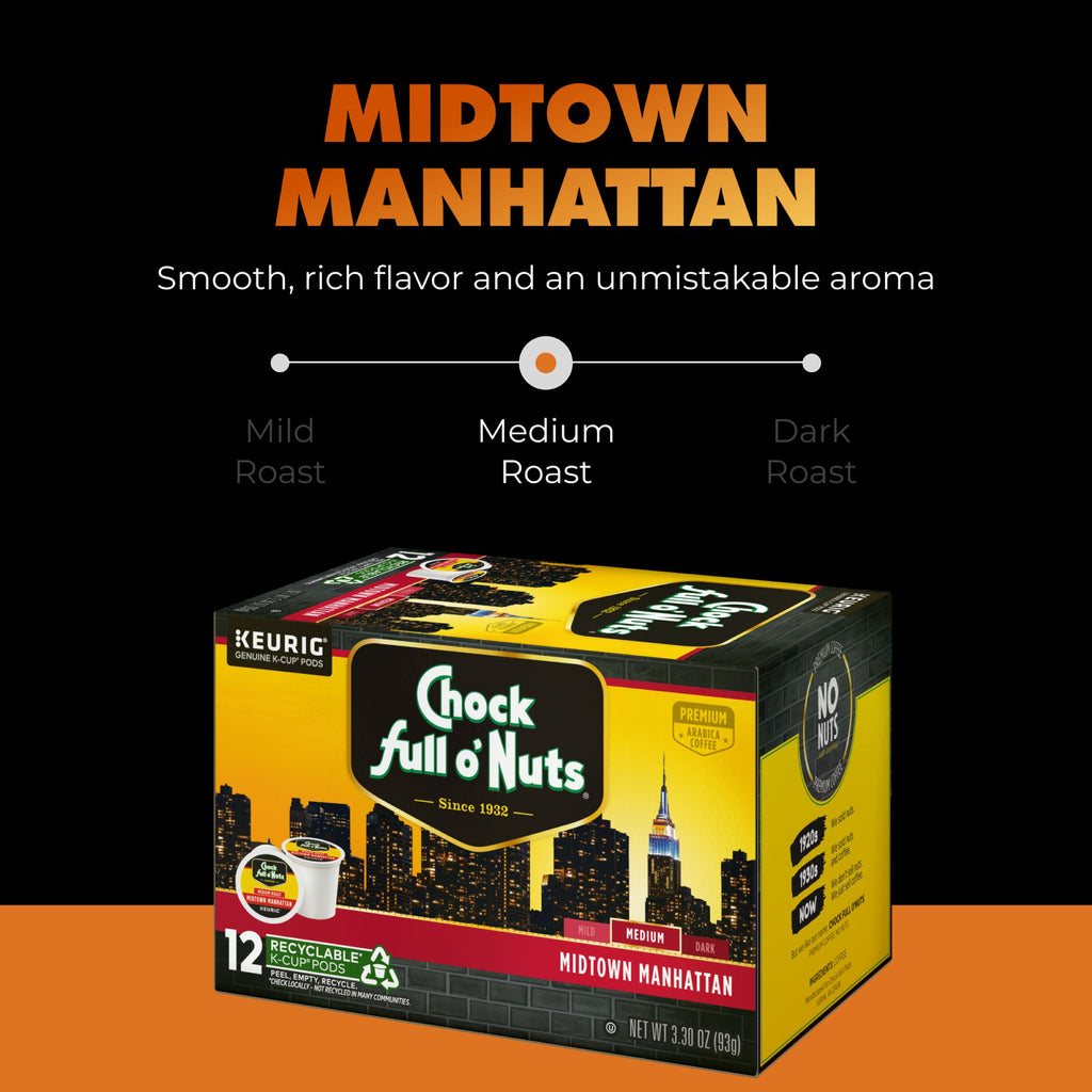 Enjoy Chock full o’Nuts Midtown Manhattan K-Cup® Pods—medium roast coffee with smooth, premium Arabica flavor in recyclable pods, inspired by NYC.
