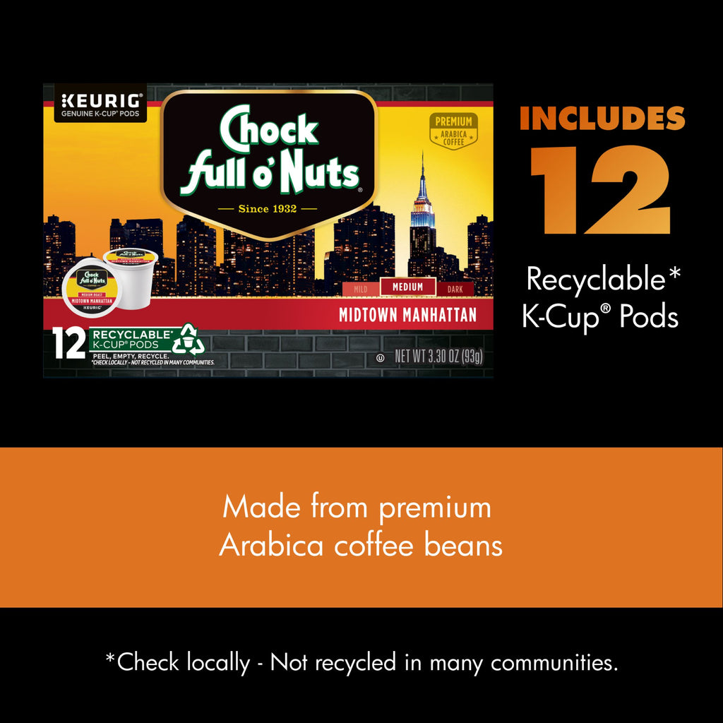 Chock full o’Nuts Midtown Manhattan Medium Roast K-Cup® Pods, made from premium Arabica beans. Includes 12 recyclable pods for a rich, smooth coffee experience.