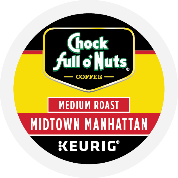 A Chock full o'Nuts Midtown Manhattan - Keurig K-Cup® Pod, labeled "Medium Roast," features a stylish black, yellow, and red design. Made from premium Arabica coffee beans, this blend promises a rich and robust flavor in every cup.