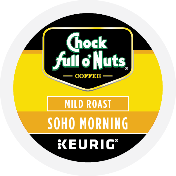 The Keurig K-Cup® pod labeled "Soho Morning - Mild Roast" by Chock full o'Nuts® features a distinctive design in yellow, black, and white and is crafted from premium Arabica coffee beans.