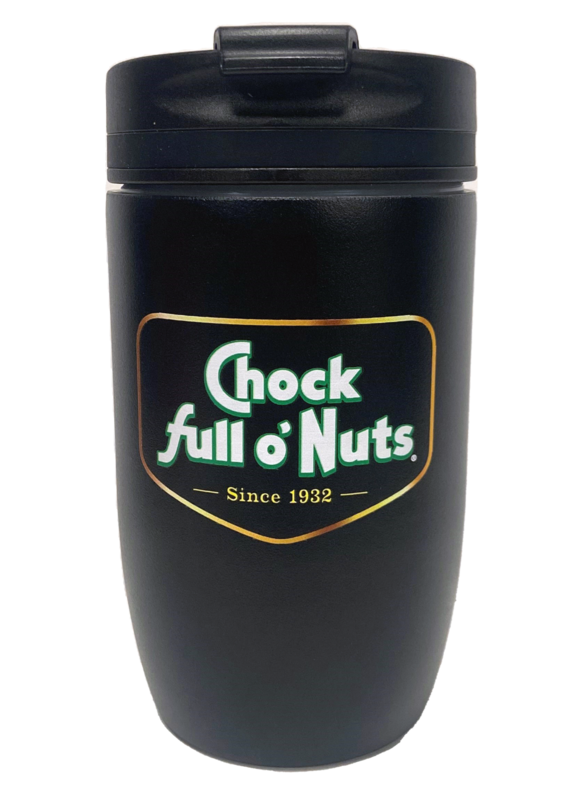 A black Chock full o’Nuts® More Java, Less Yada - Travel Mug with the words Chock full o'Nuts on it.