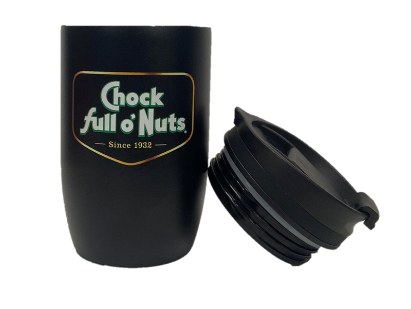 A Chock full o’Nuts® More Java, Less Yada - Travel Mug with a logo on it and a lid, perfect for your Java fix.