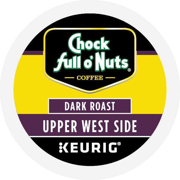 The "Upper West Side - Keurig K-Cup® Pods - Dark Roast" by Chock full o'Nuts feature a vibrant yellow, purple, and black design. Savor the rich flavor of premium Arabica coffee in these convenient single-serve pods for your Keurig machine.