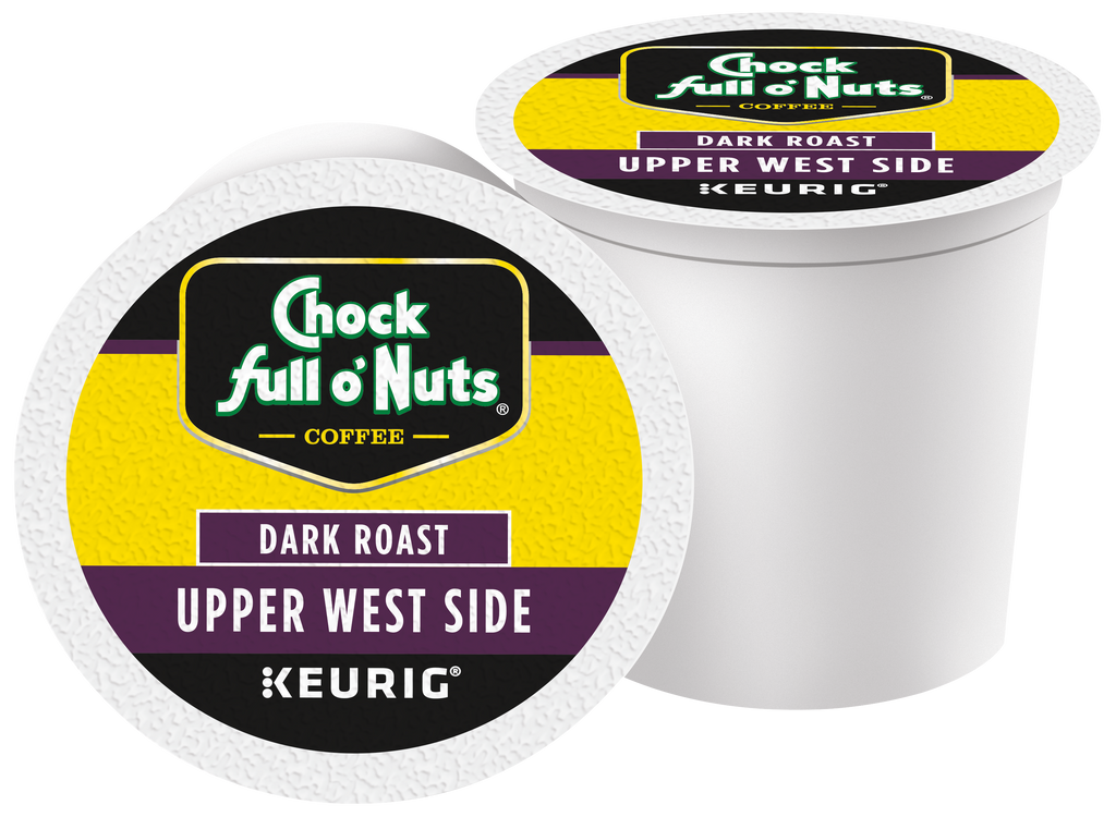 Two Chock full o'Nuts Upper West Side - Keurig K-Cup® Pods - Dark Roast are shown, with one pod on its side displaying the label and the other standing upright. Enjoy the robust flavor of premium Arabica coffee with these convenient single-serve pods.