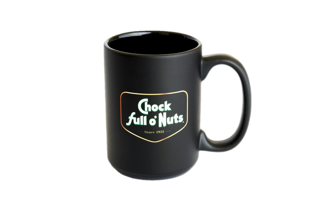 A Chock full o’Nuts® Mug - Matte Black with a white logo of Chock full o'Nuts coffee, perfect as a gift.