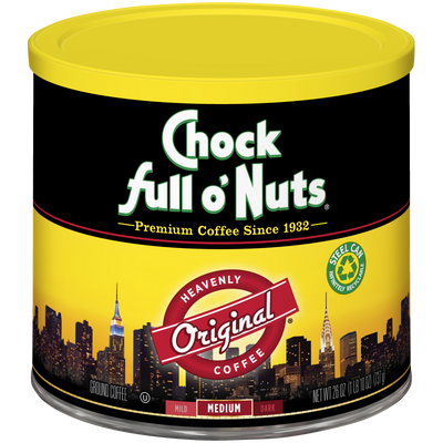 A premium tin of Heavenly Original - Medium - Ground coffee from Chock full o'Nuts.