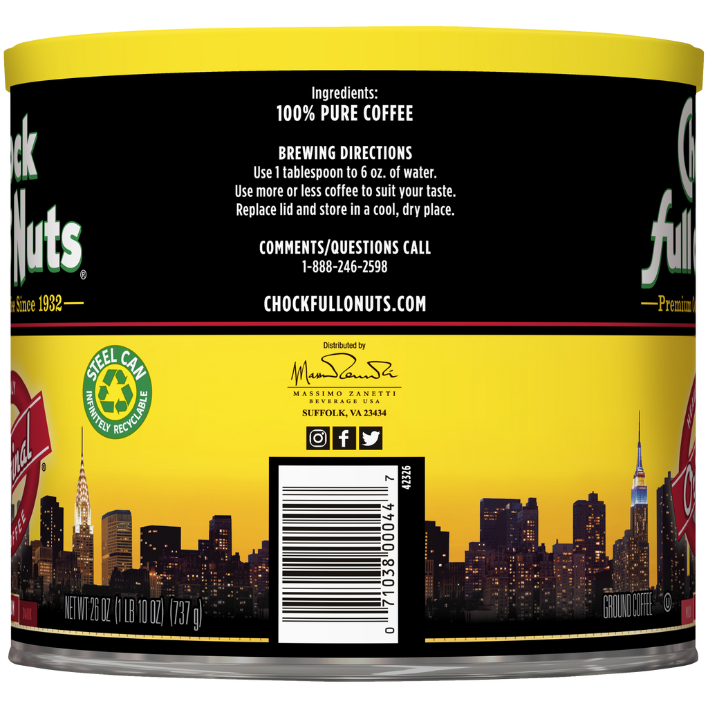 A tin of Chock full o'Nuts Heavenly Original - Medium - Ground beans with a city skyline in the background, offering an Original Roast flavor.