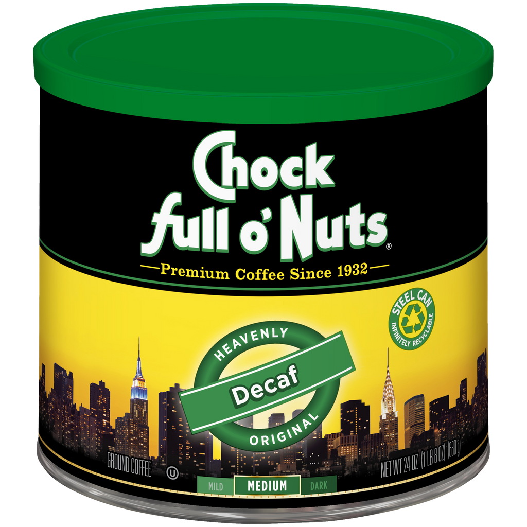 A tin of Chock full o'Nuts Heavenly Decaf Original - Medium - Ground.
