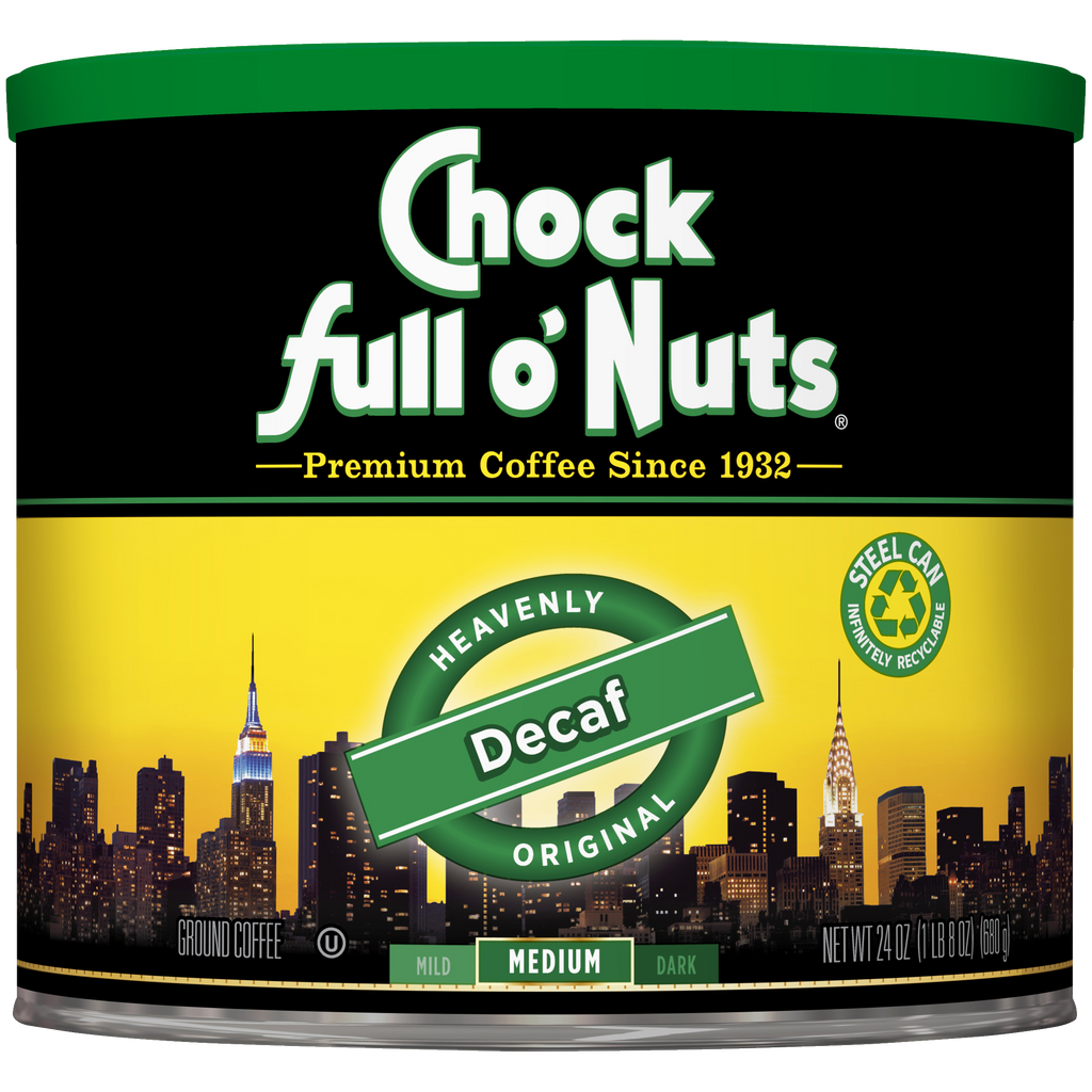 A tin of Chock full o'Nuts Heavenly Decaf Original - Medium - Ground coffee.