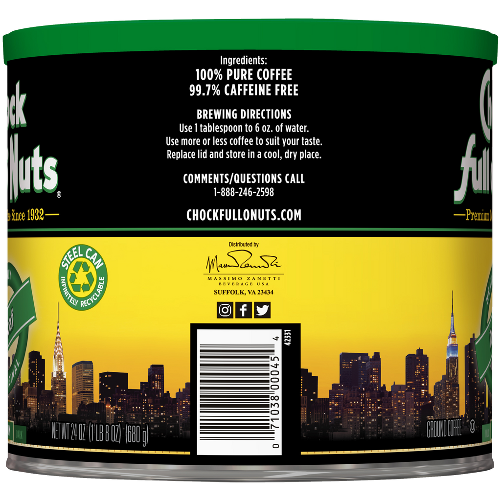 A tin of Chock full o'Nuts Heavenly Decaf Original - Medium - Ground coffee beans with a city skyline in the background.