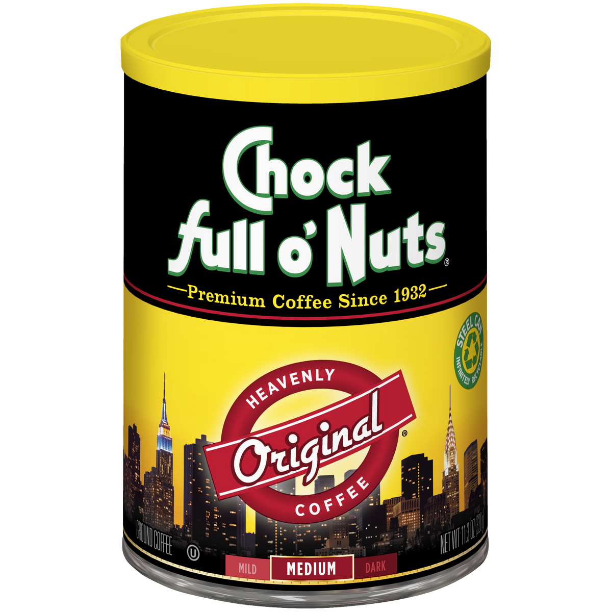 A tin of Heavenly Original coffee packed with Chock full o'Nuts.