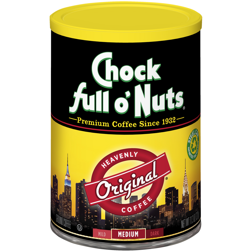 A tin of Heavenly Original coffee packed with Chock full o'Nuts.
