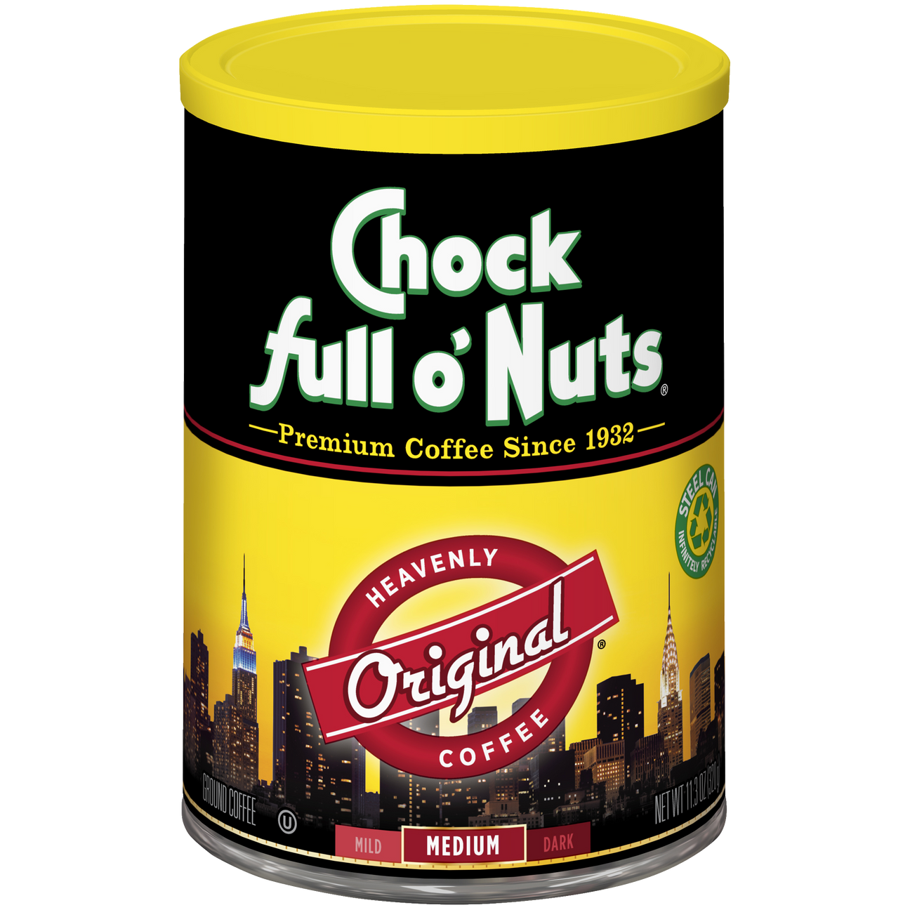 A tin of Heavenly Original coffee packed with Chock full o'Nuts.