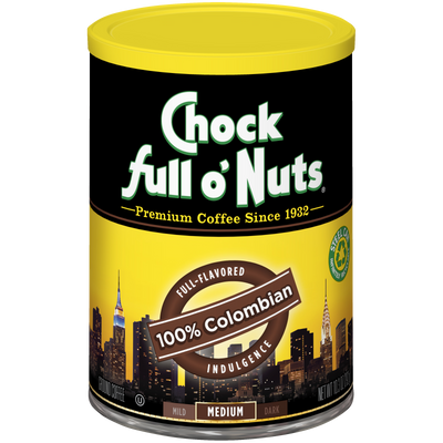 A tin full of Chock full o'Nuts 100% Colombian - Medium - Ground coffee.