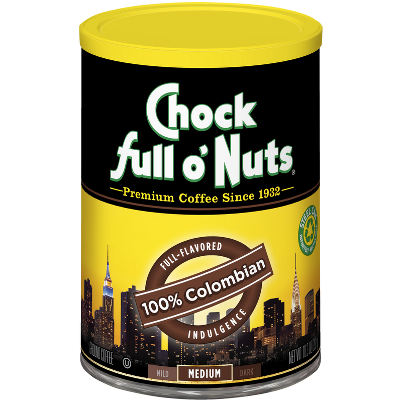 A tin full of Chock full o'Nuts 100% Colombian - Medium - Ground coffee.