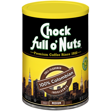 A tin full of Chock full o'Nuts 100% Colombian - Medium - Ground coffee.