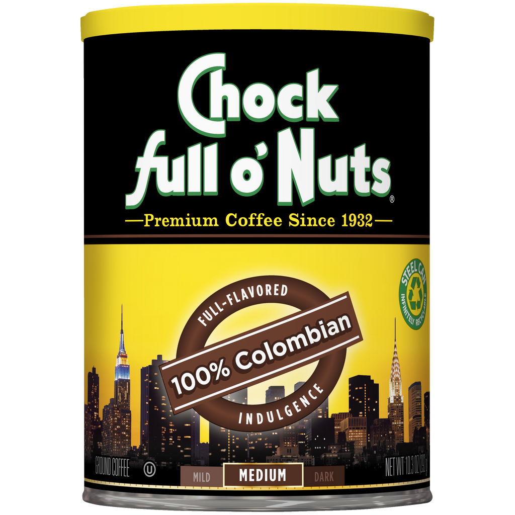 A can of Chock full o'Nuts 100% Colombian - Medium - Ground coffee.