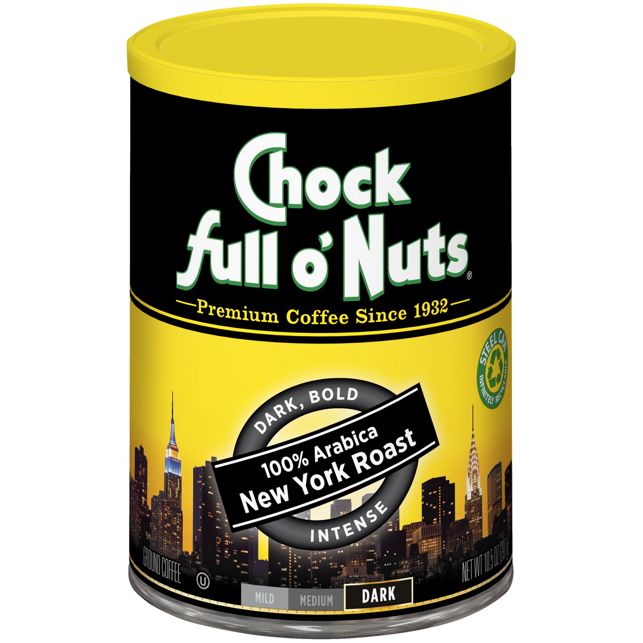 A tin of Chock full o'Nuts New York Roast - Dark - Ground Arabica coffee.