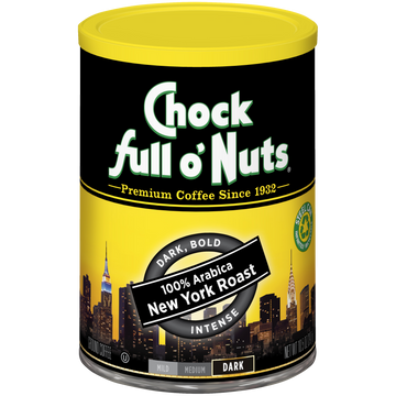 A tin of Chock full o'Nuts New York Roast - Dark - Ground Arabica coffee.