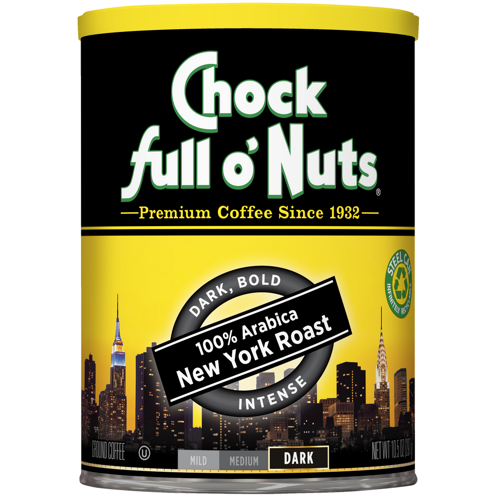 A can of premium Arabica coffee, Chock full o'Nuts New York Roast - Dark - Ground.