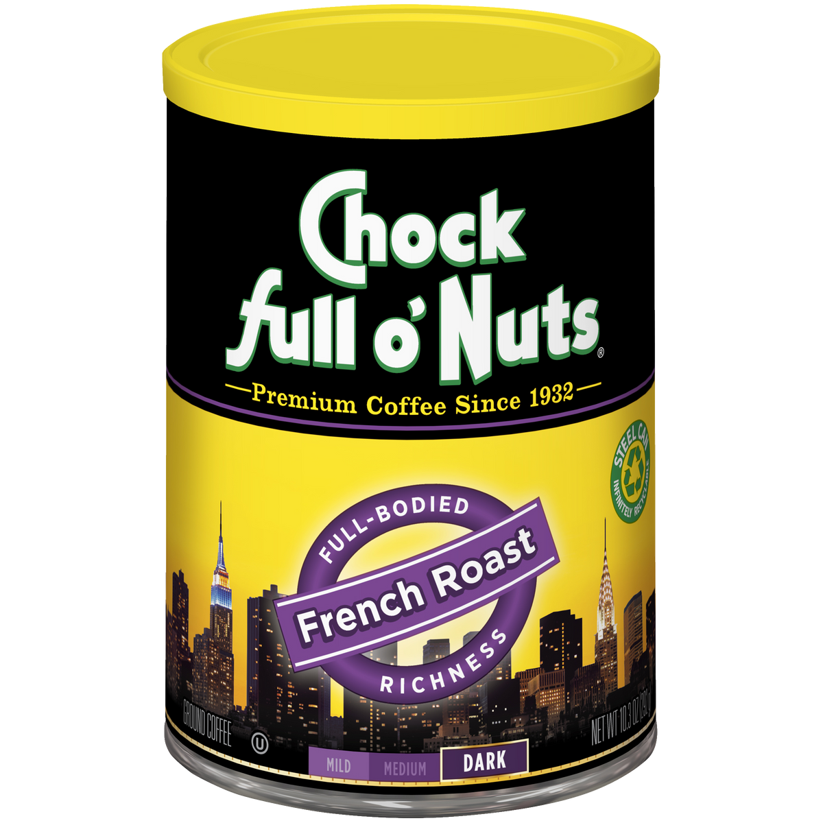 A can of Chock full o'Nuts French Roast - Dark - Ground coffee filled with premium beans.