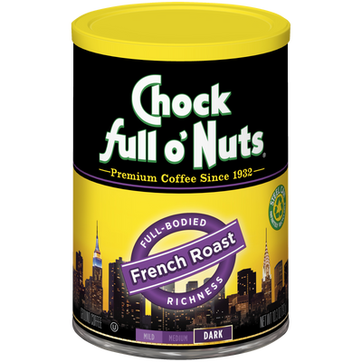 A can of Chock full o'Nuts French Roast - Dark - Ground coffee filled with premium beans.