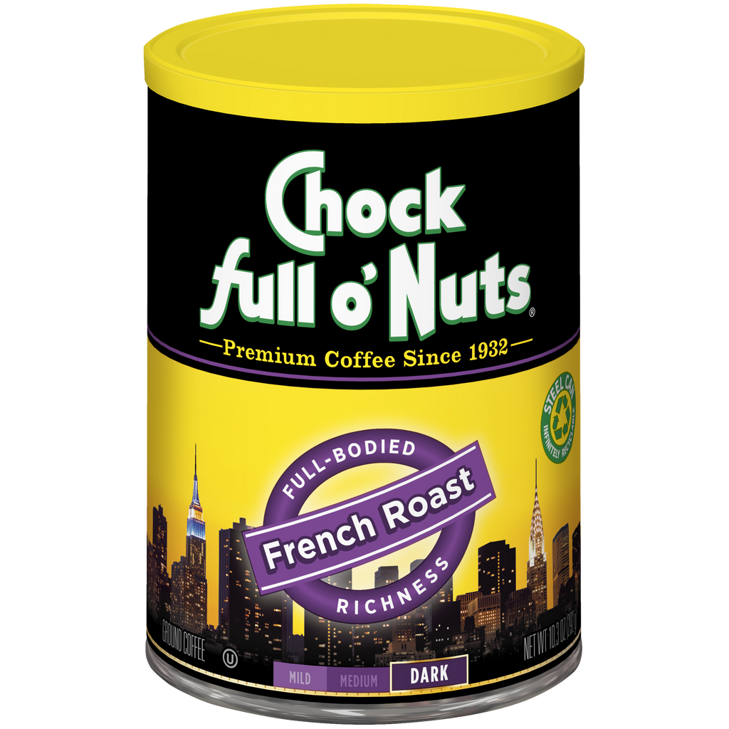 A can of Chock full o'Nuts French Roast - Dark - Ground coffee filled with premium beans.