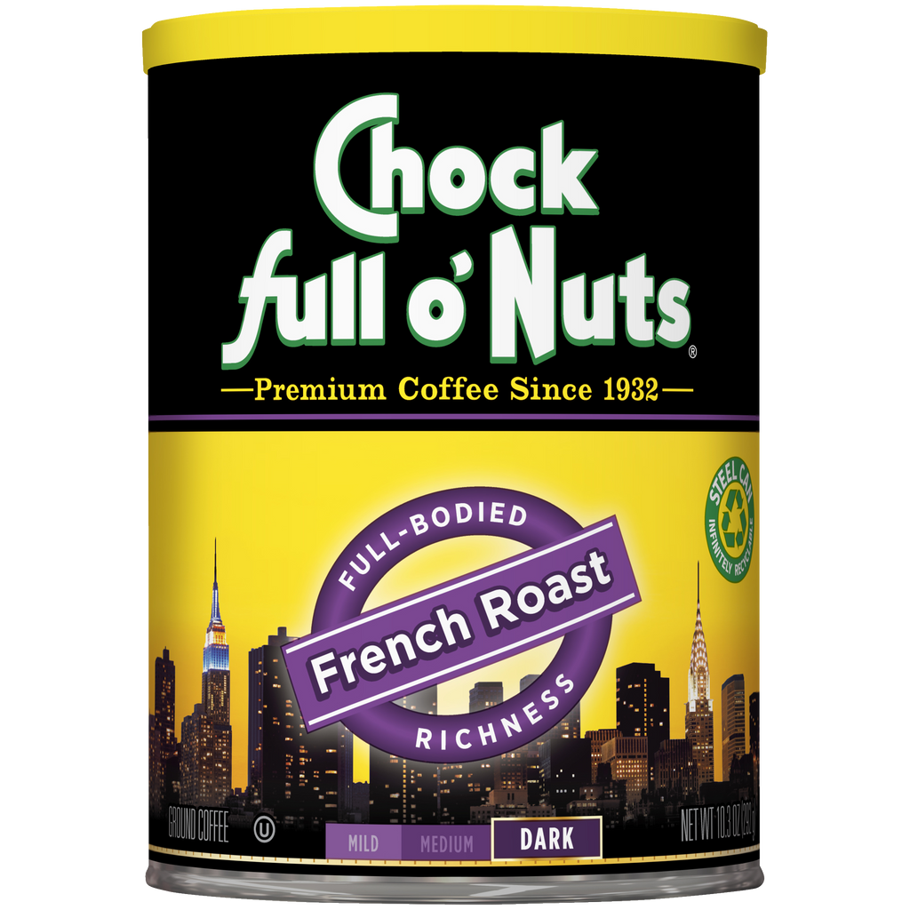 A can of Chock full o'Nuts French Roast - Dark - Ground coffee from premium beans.