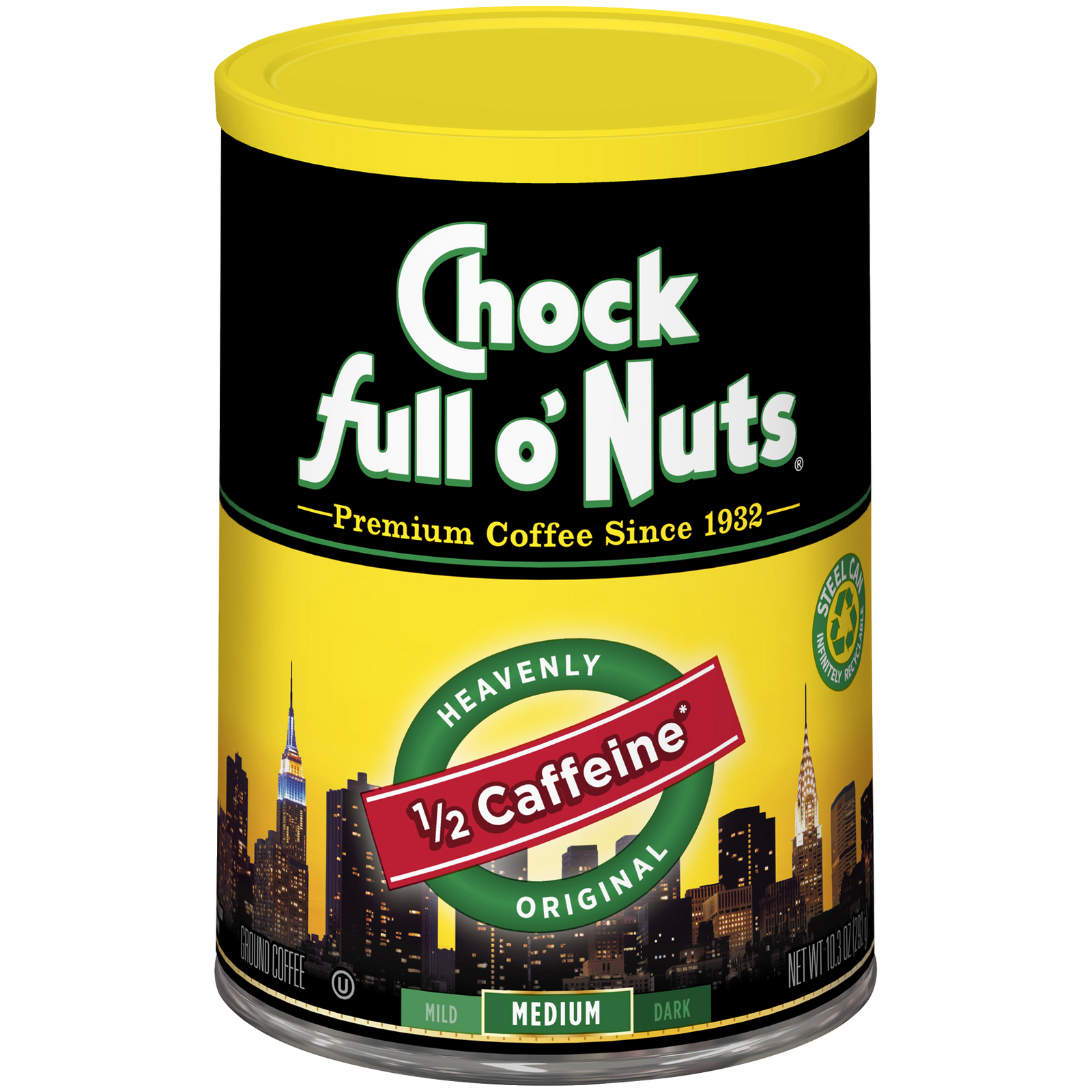 A tin of Chock full o'Nuts Heavenly 1/2 Caffeine - Medium - Ground coffee beans.