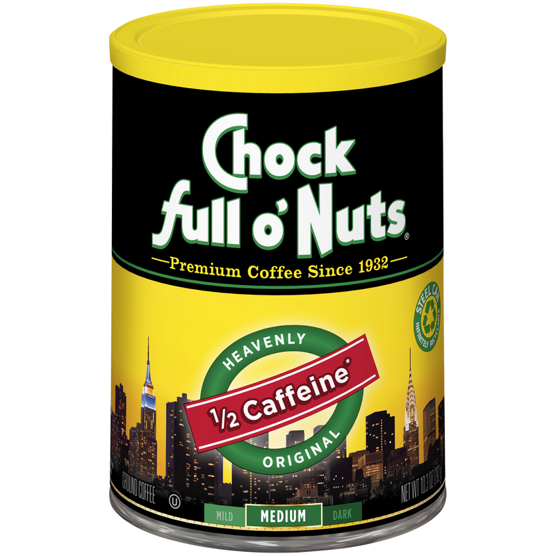 A tin of Chock full o'Nuts Heavenly 1/2 Caffeine - Medium - Ground coffee beans.