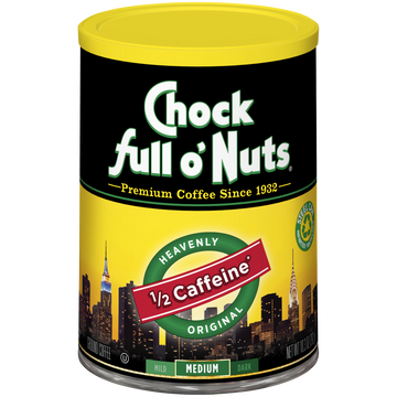 A tin of Chock full o'Nuts Heavenly 1/2 Caffeine - Medium - Ground coffee beans.