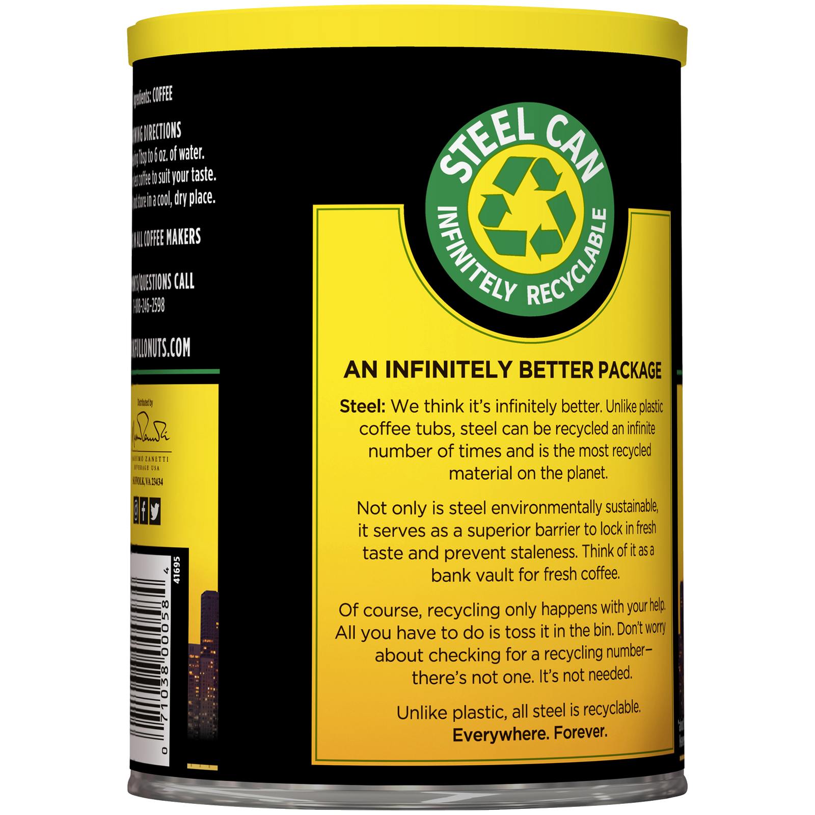 A steel can of Chock full o'Nuts Heavenly 1/2 Caffeine - Medium - Ground coffee beans with a label.