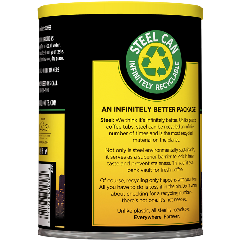A steel can of Chock full o'Nuts Heavenly 1/2 Caffeine - Medium - Ground coffee beans with a label.