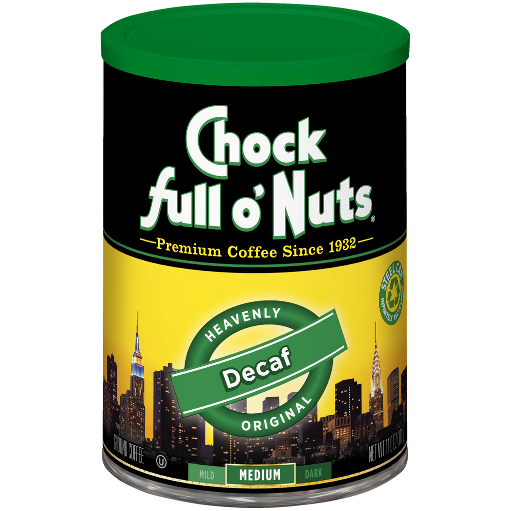A premium can of Heavenly Decaf Original - Medium - Ground coffee from Chock full o'Nuts.