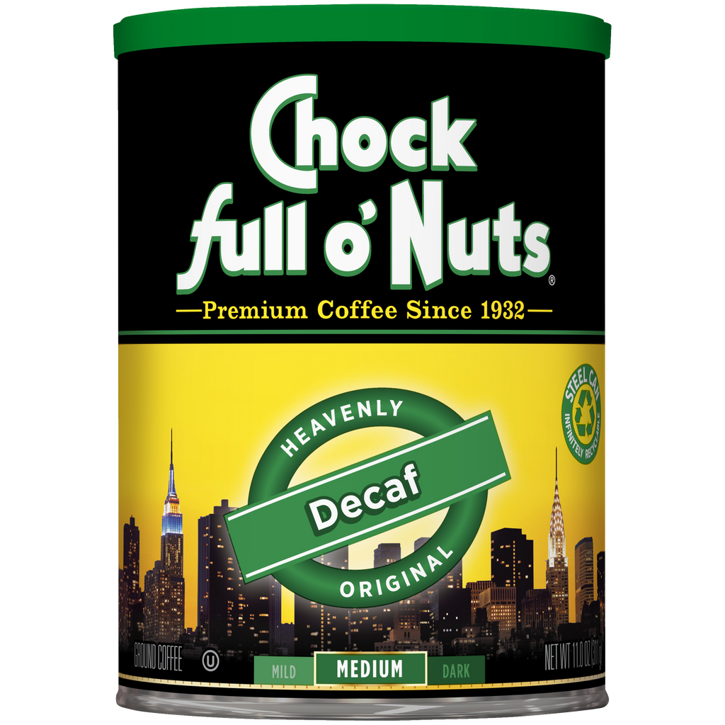 A can of Heavenly Decaf Original - Medium - Ground coffee by Chock full o'Nuts.